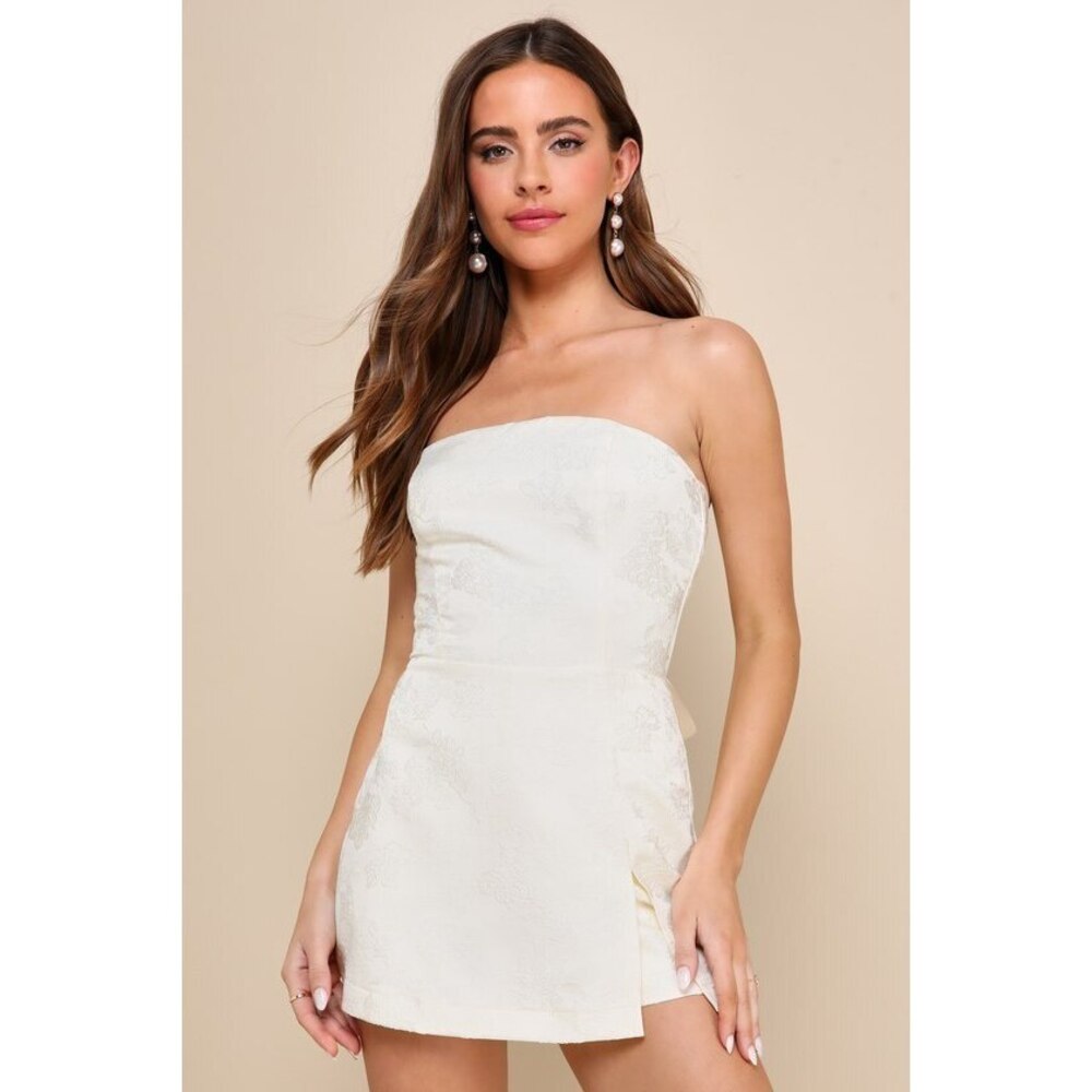 Lulus Charming Ideal Ivory Jacquard Organza Strapless Tie-back Romper White